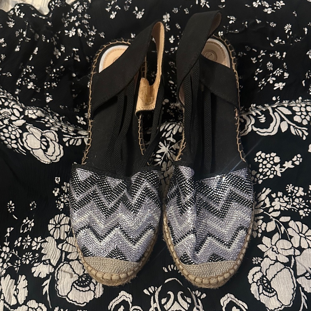 Black & Silver Chevron Espadrille Wedges - Women